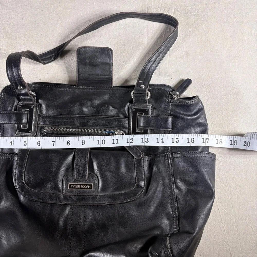 Tyler Rodan Black Faux Leather Tote Bag Floral Lining Multi Pocket Laptop Bag